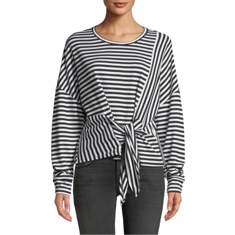 Parker BLACK WHITE NANETTE STRIPED TIE FRINT SHIRT LONG SLEEVE TOP Women’s Small